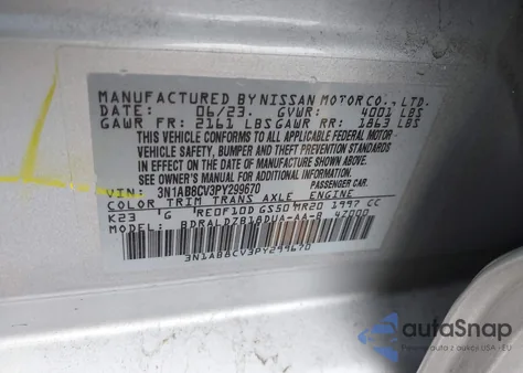 2023 Nissan Sentra Sv Xtronic Cvt z USA, uszkodzony, nr VIN 3N1AB8CV3PY299670